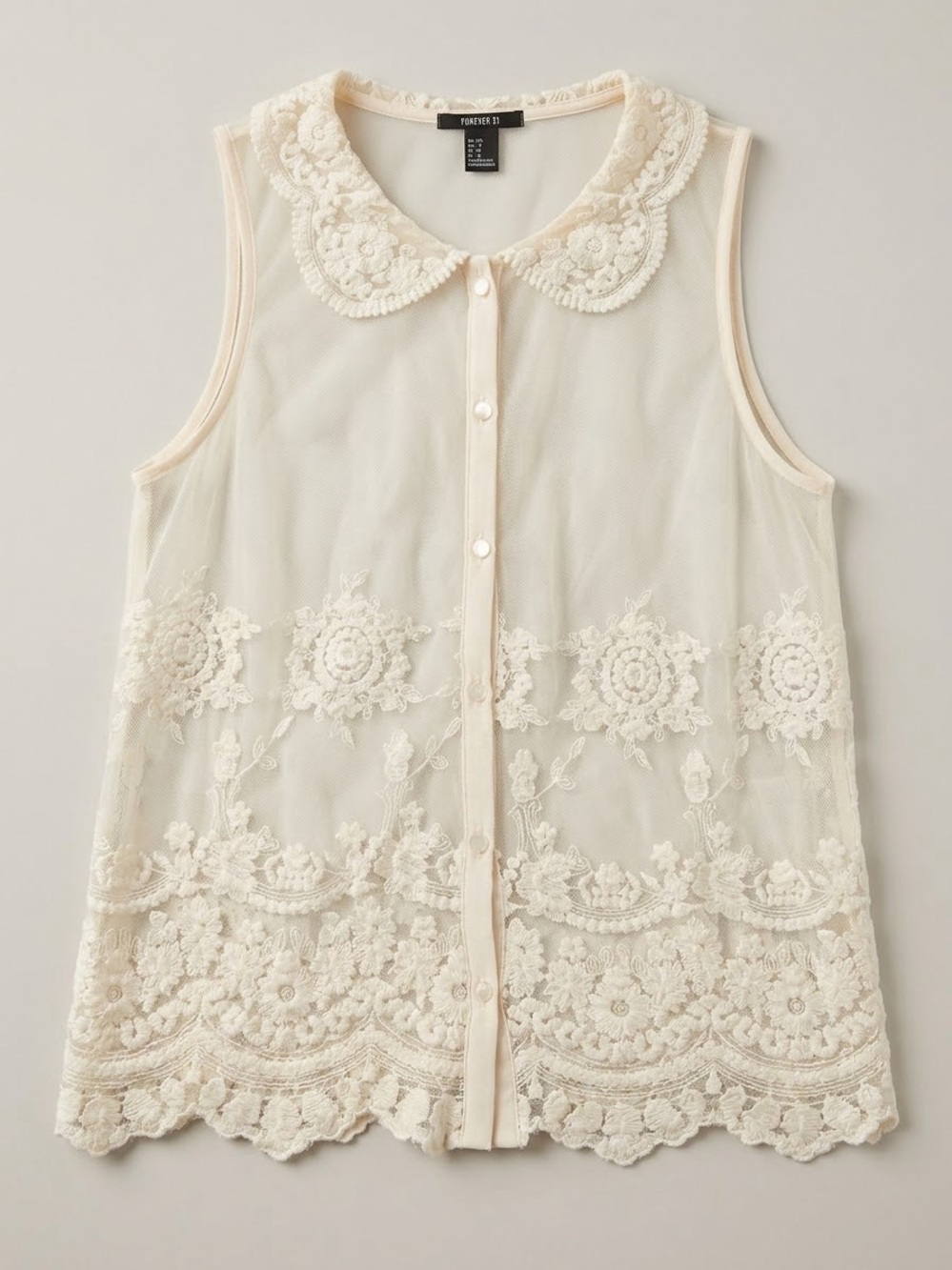 Forever 21 Cream Lace Embroidered Sleeveless Button-Down Camisole
